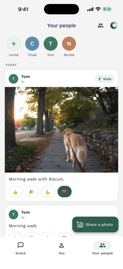 Your people feed: Tom's morning walk photo with a heart from you.