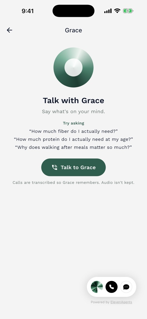 The talk screen: Grace's green orb, Talk with Grace, a few questions to try, and a Talk to Grace button.