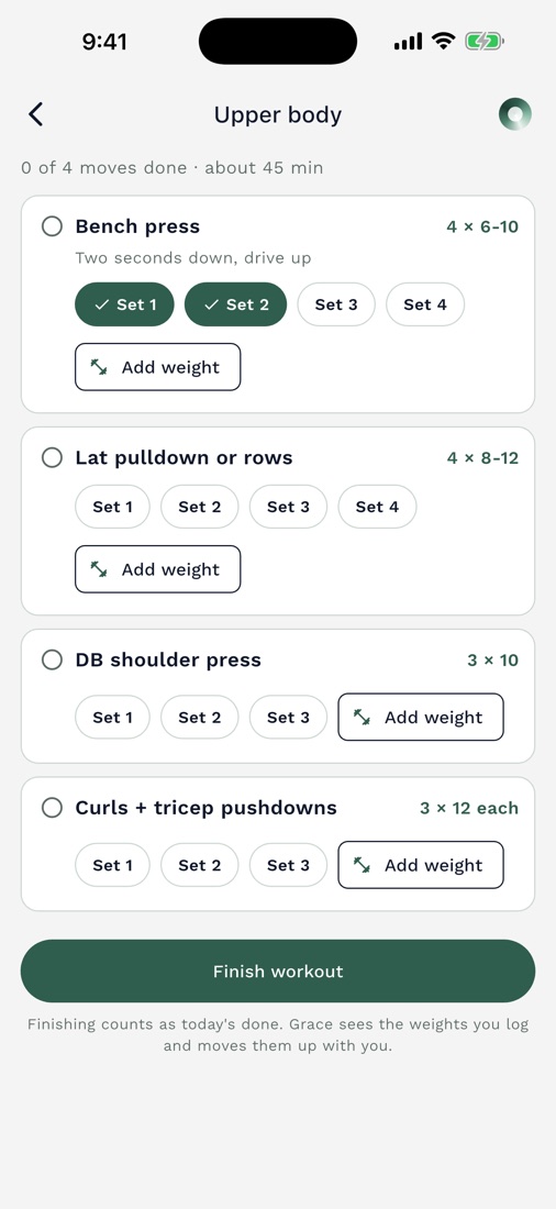 An upper body workout Grace built: bench press, lat pulldown or rows, shoulder press and curls, each with sets and reps, two bench sets checked off, and a Finish workout button.
